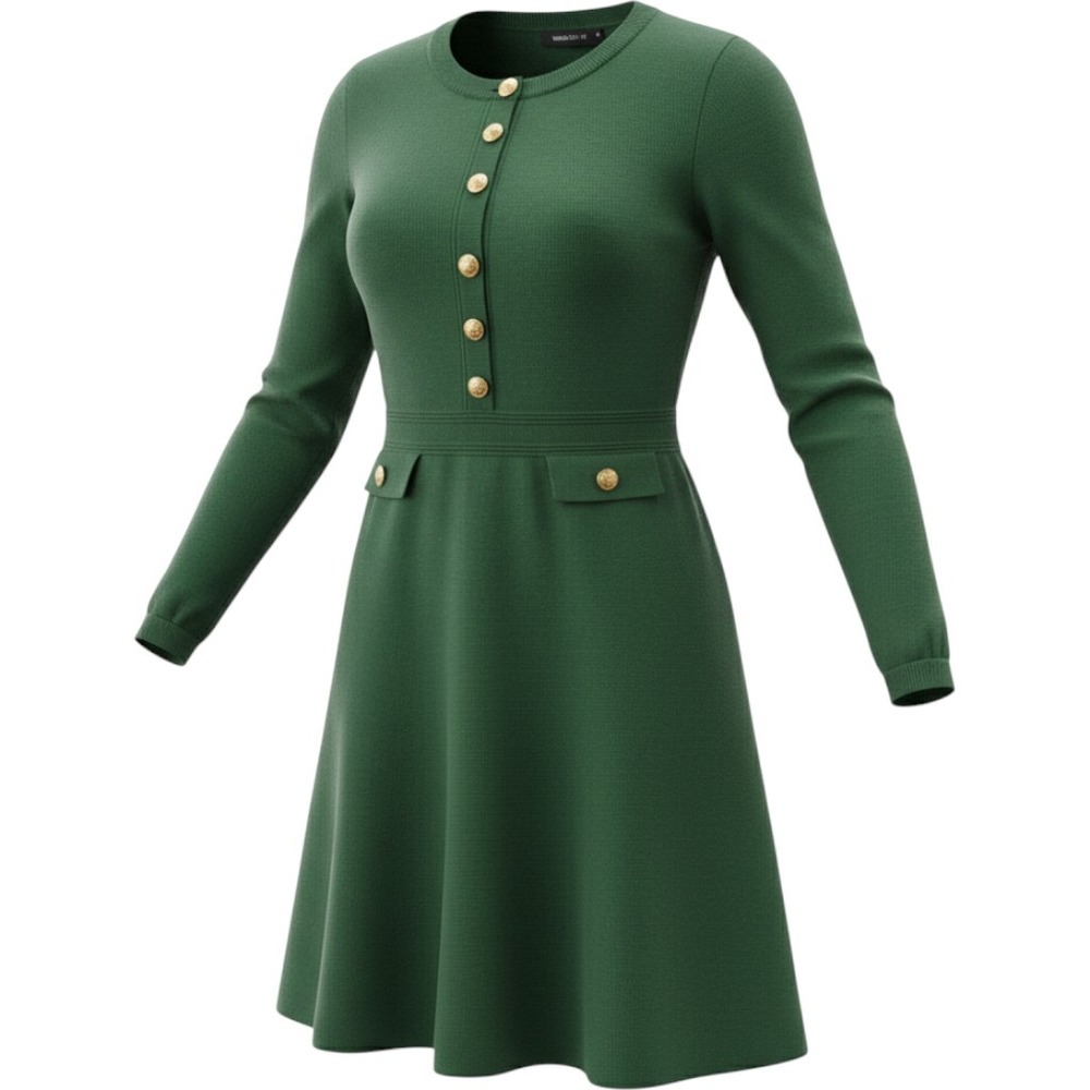 Christmas Green Knit Long Sleeve Gold Button Fit and Flare Dress Size M NWT